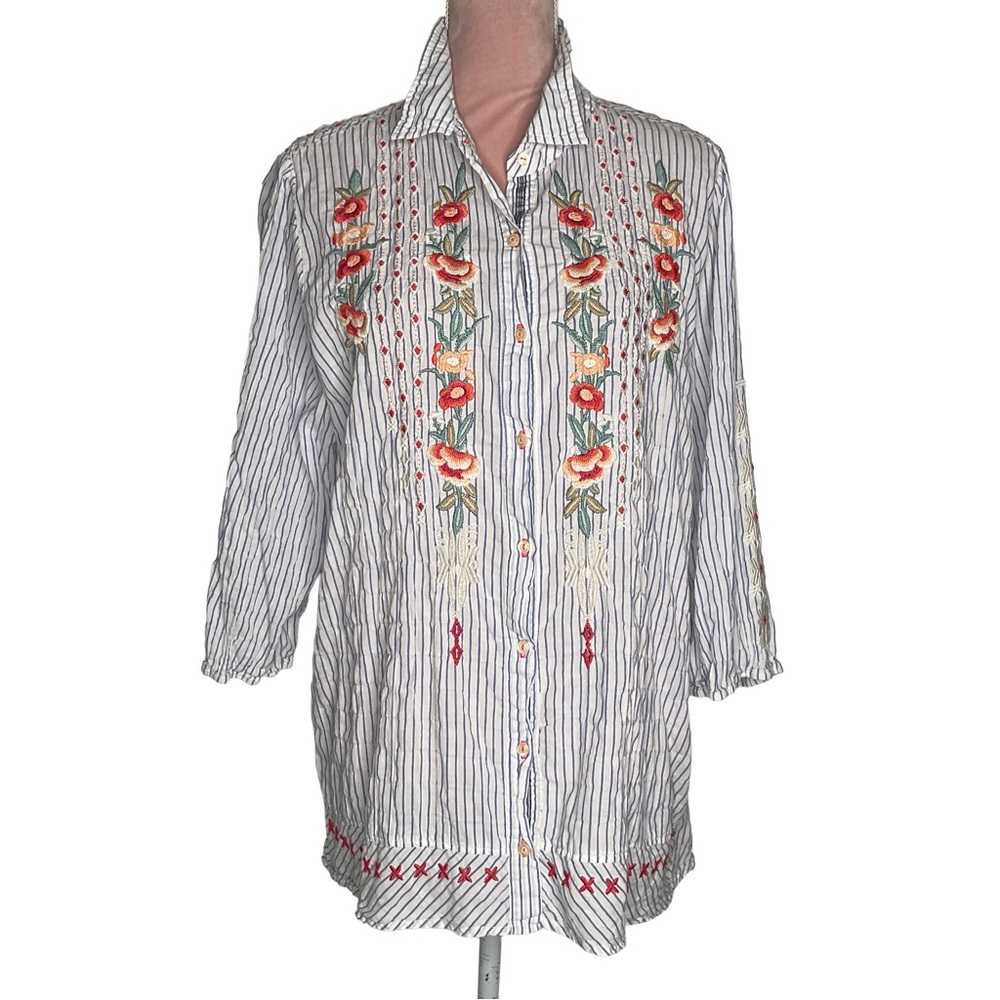 Johnny Was Blue and White Striped Shirt embroidered.